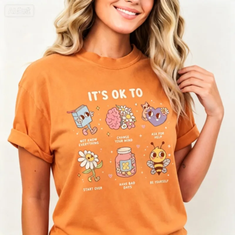 Women  Cotton Crew Neck T-Shirt It's Ok To Mental Health Graphic Tee, Retro Cartoon Character Positive Quote Print Short Sleeve
