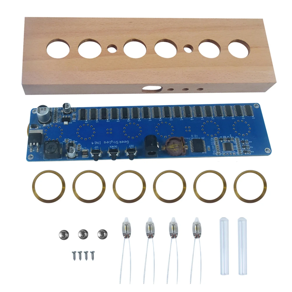 IN14 świecący zestaw montażowy zegarowy DC12V 1A bukowa powłoka z drewna IN14 Nixie Tube cyfrowy zegar LED elektroniczny zestaw do majsterkowania do