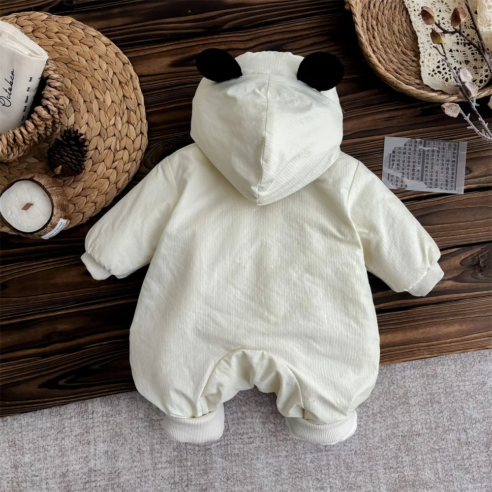 UNIFEMEN Winter Baby Boys Jumpsuit Plus Velvet Hooded Cartoon Panda Infant Boys Rompers Toddler Boys Cotton Quilted Bodysuit