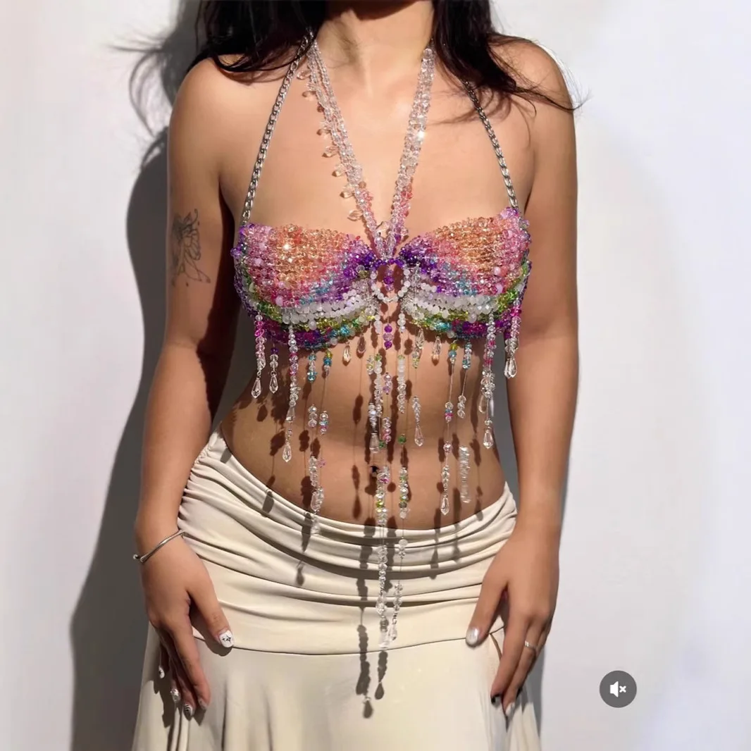 2025 Luxury Women Crystal Beading Tassel Bra Chain Jewelry Halter Camis Vest Jewelry Fancy Dance Show Night Clubwear Bra Chain