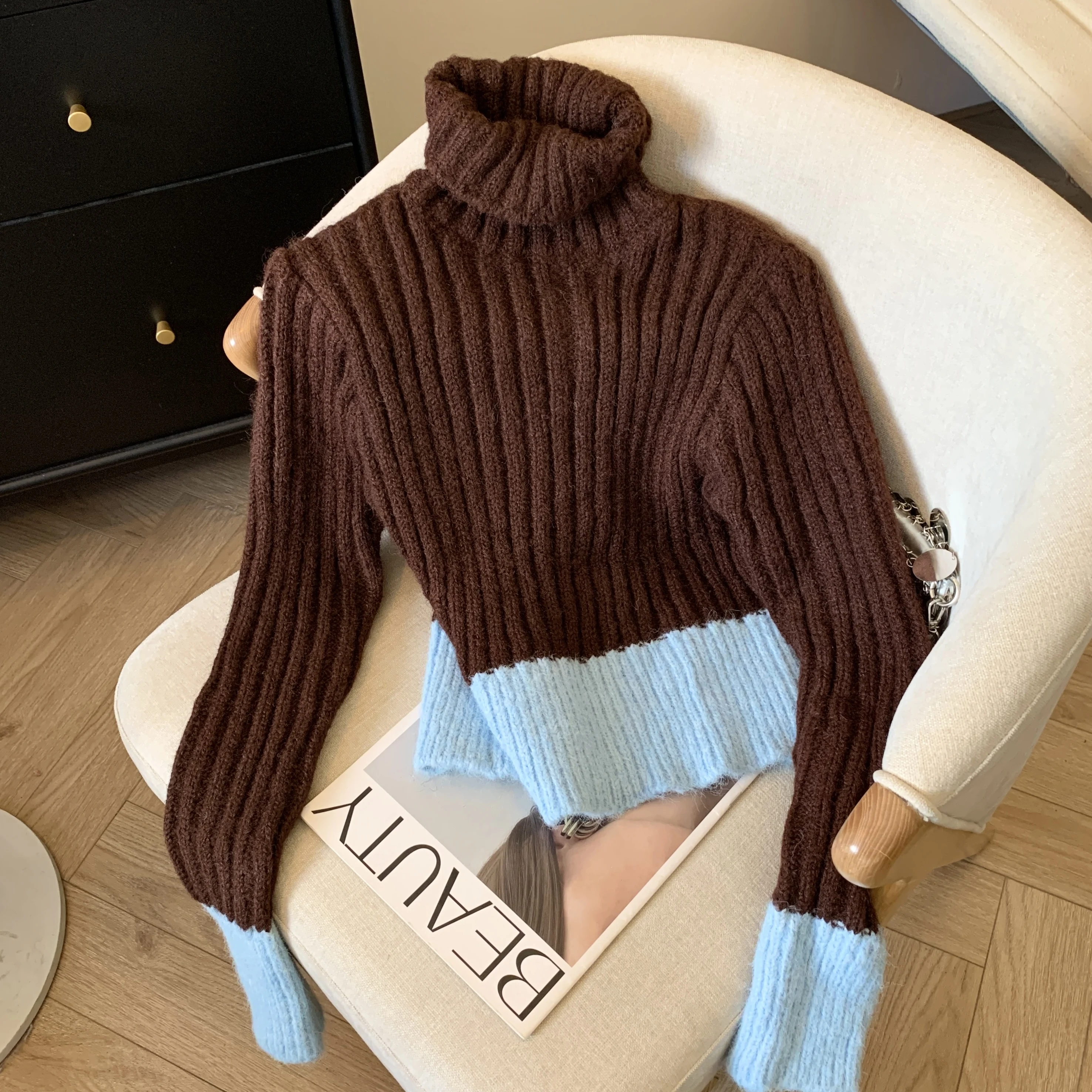 

Women's Brown Turtleneck Knitwear Long Sleeve Knit Pullover Sweater Harajuku Vintage Y2k Gyaru Sweater 2000s Clothes Autumn 2025