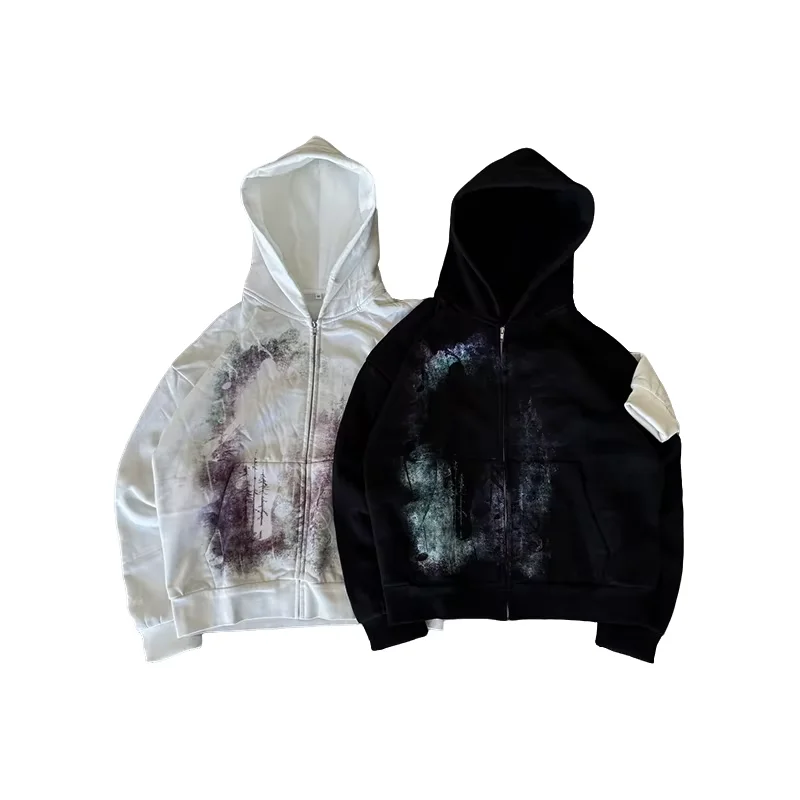 Y2K هوديي فضفاض غير رسمي طباعة المناظر الطبيعية الفنية موضة كم طويل زمم هوديي الرجال النساء خمر الشارع الشهير البلوز #1