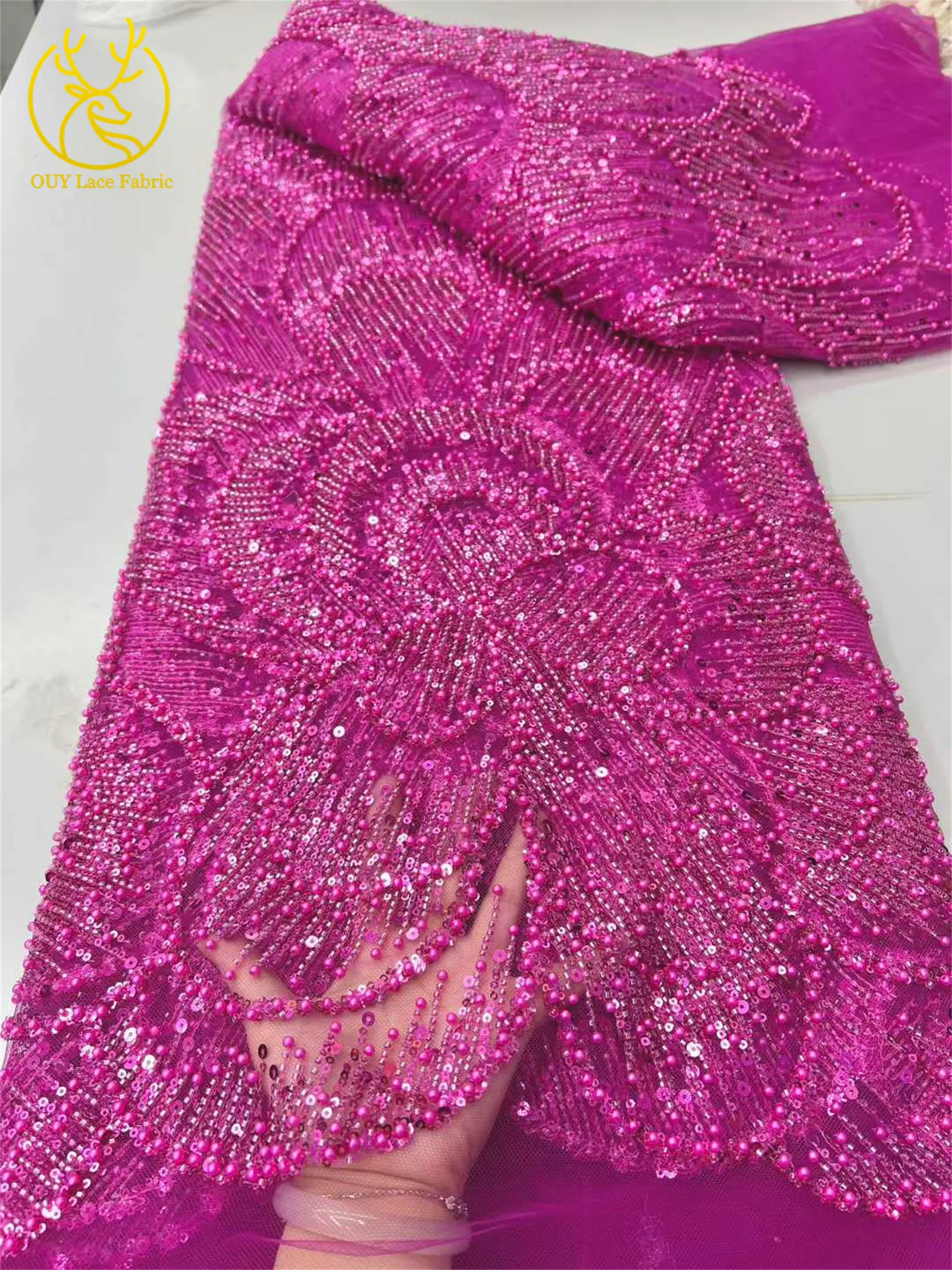 Marineblauer Luxus Hochwertiger Bestickter Perlen-Pailletten-Spitzenstoff Modischer Französischer Tüll-Netzstoff für Party und Hochzeit – Detail 15