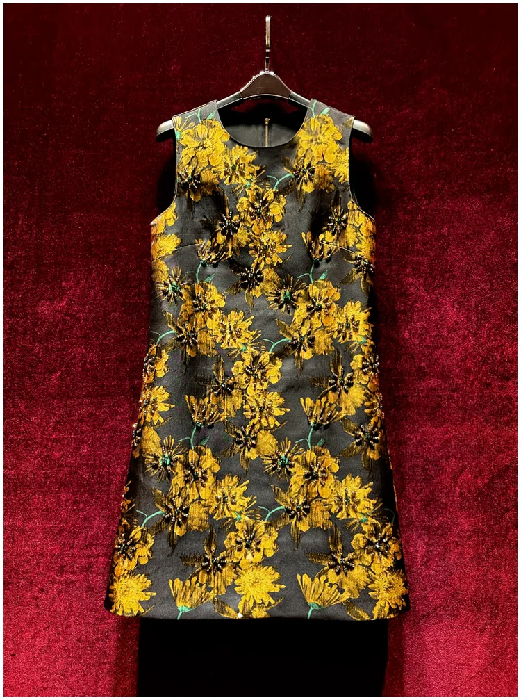 

Europe and the United States women's 2024 summer new beading Sleeveless yellow printed jacquard fashion Dress