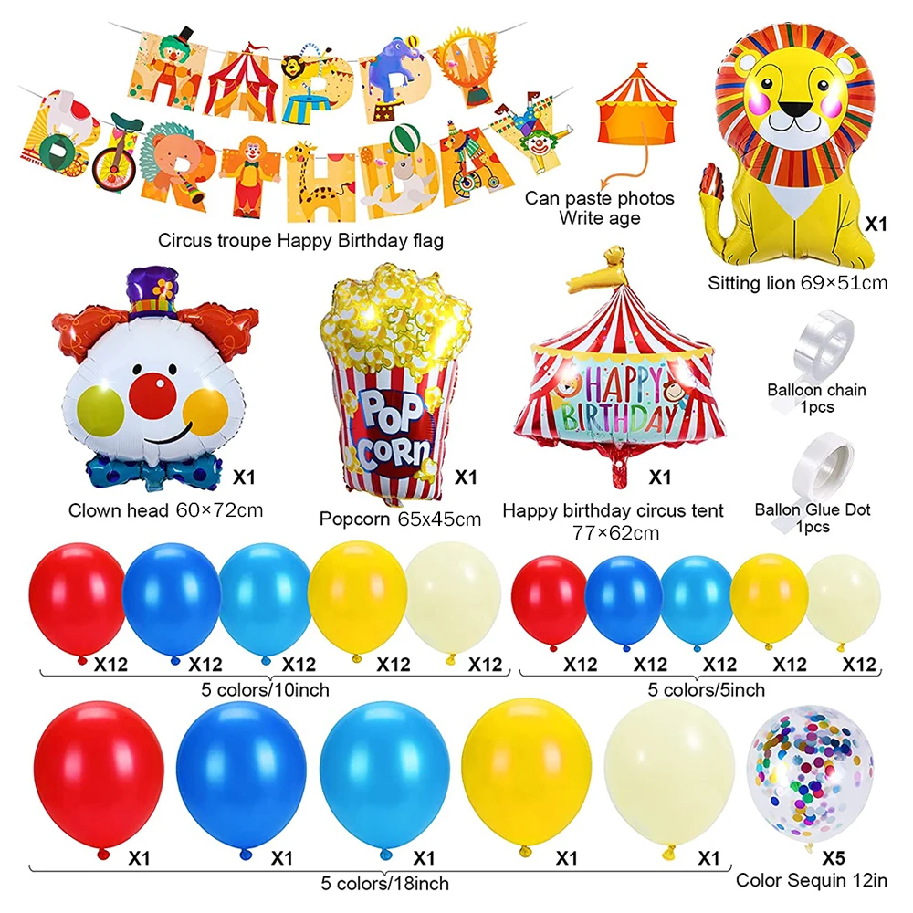 137Pcs Carnival Circus Balloon Garland Arch Kit Circus Tent Lion Clown Popcorn Kids Birthday Festival Party Decorations Supplies