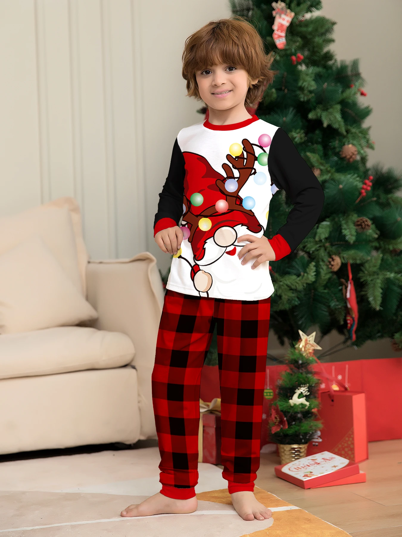 طقم بيجامات عيد الميلاد للأطفال سانتا كلوز مع أضواء حمراء وسوداء منقوشة مطبوعة ملابس نوم للأولاد والبنات