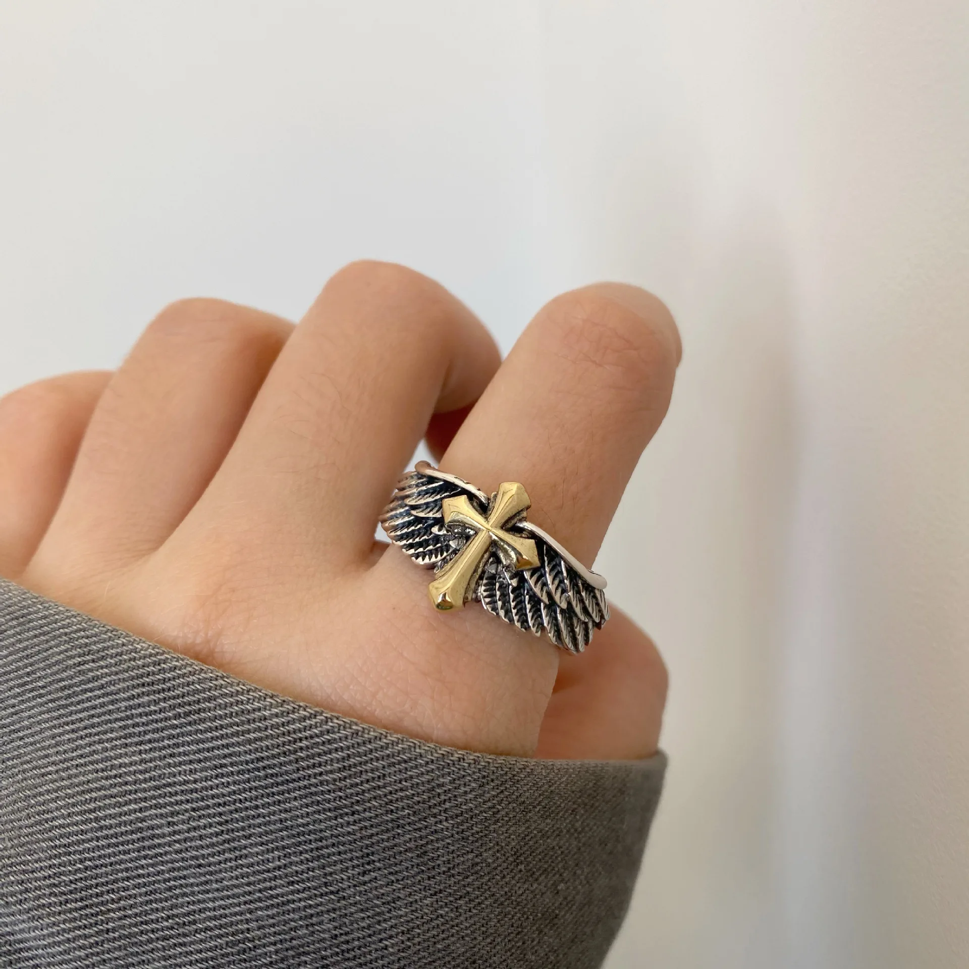 Retro S925 Thai Silver Wing Cross Graffiti Letter Open Ring Personality Men Adjustable Finger Ring Fashion Jewelry