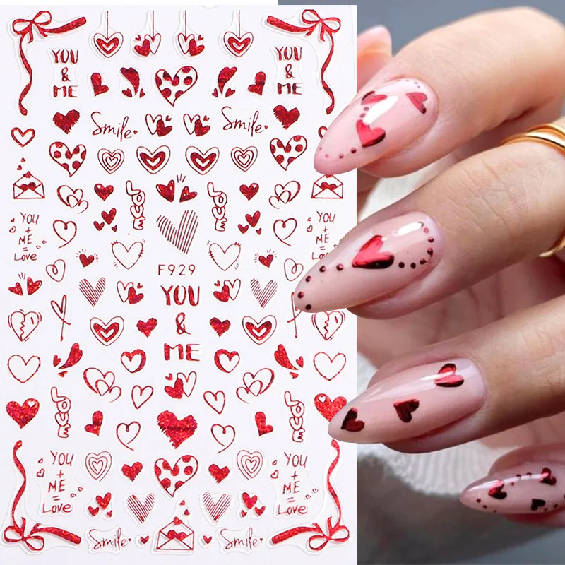 4pcs Red Chrome Valentine Stickers for Nails Love Heart Letter Designs 3D Self Adhesive Sliders Decals Manicure Decoration