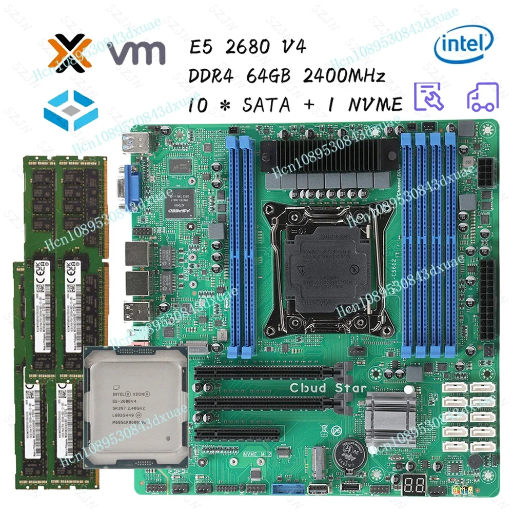 XEON Nas Motherboard Kit 10 SATA with E5 2680V4 DDR4 64GB Support Turbo PCIE Split for NAS Router Sever 2x2.5GbE I226 24*24cm