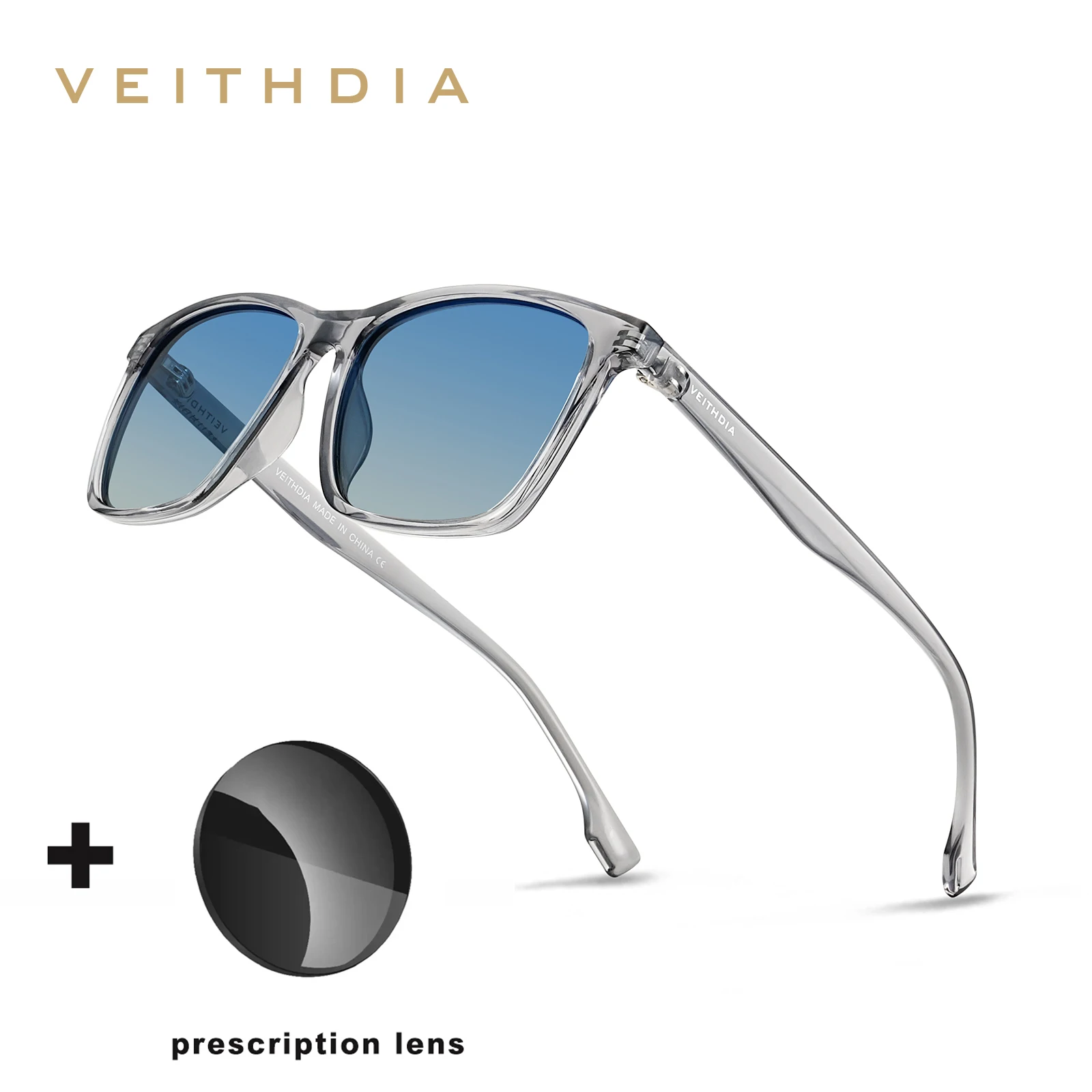 VEITHDIA New Arrival Customizable Prescription Sunglasses Polarized UV400 Lens TR90 Frame Outdoor Driving Myopia Glasses P79J11