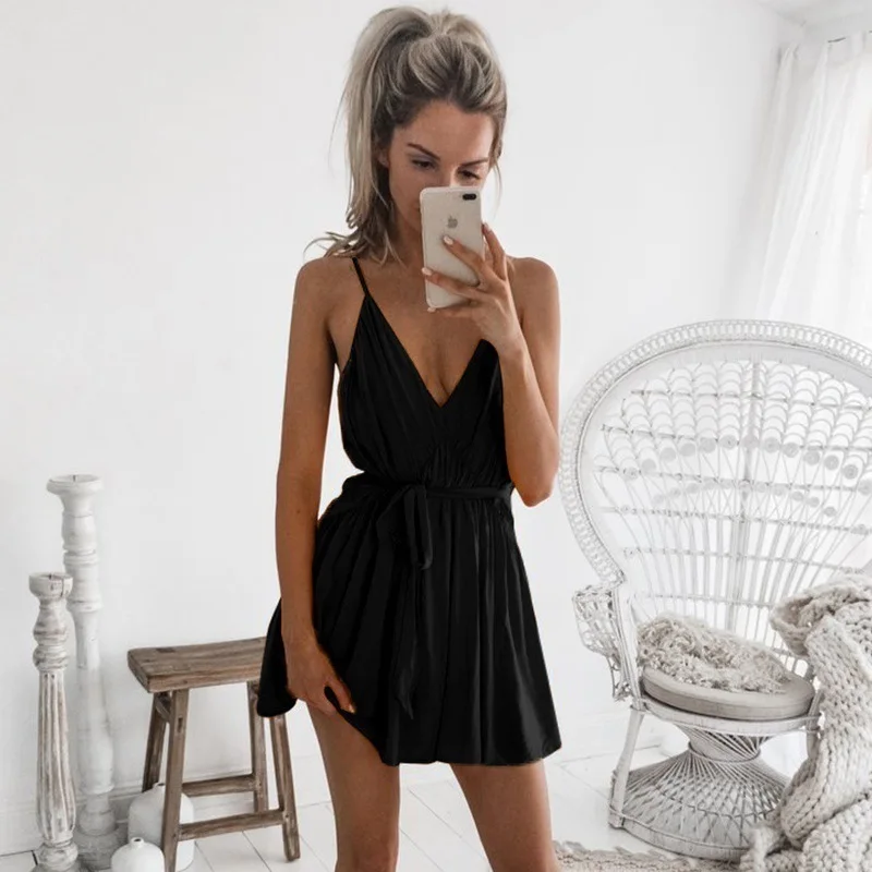 

Sexy Strap Backless Dress Casual Deep V Neck Sleeveless Elegant Night Party Spring Summer A-line Short Dresses Dress for Women