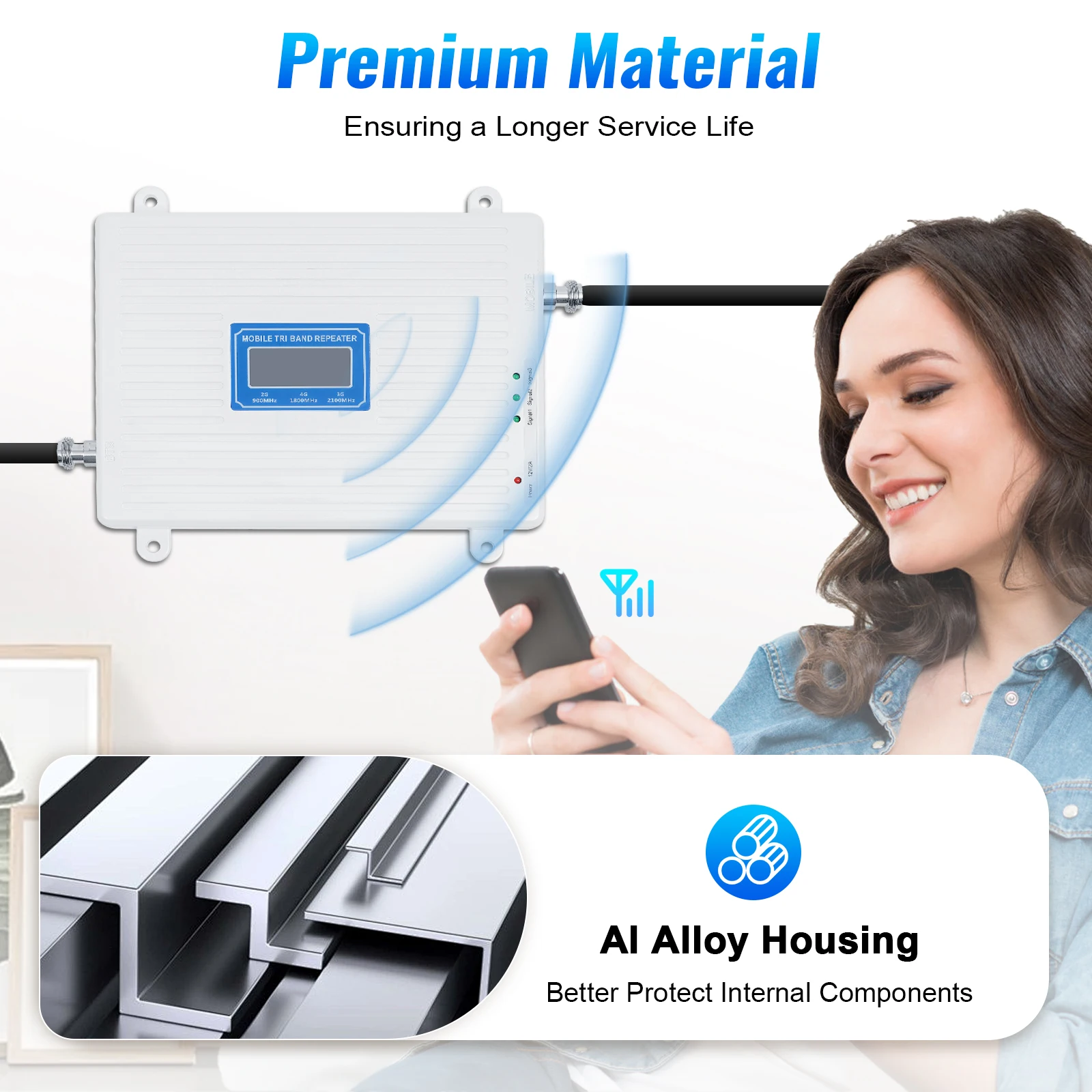 Amplificador de señal de teléfono móvil, repetidor de amplificador móvil para el hogar con adaptador de hasta 900 ㎡, triple banda GSM DCS, 1800/2100/150 MHz, 2G/3G/4G