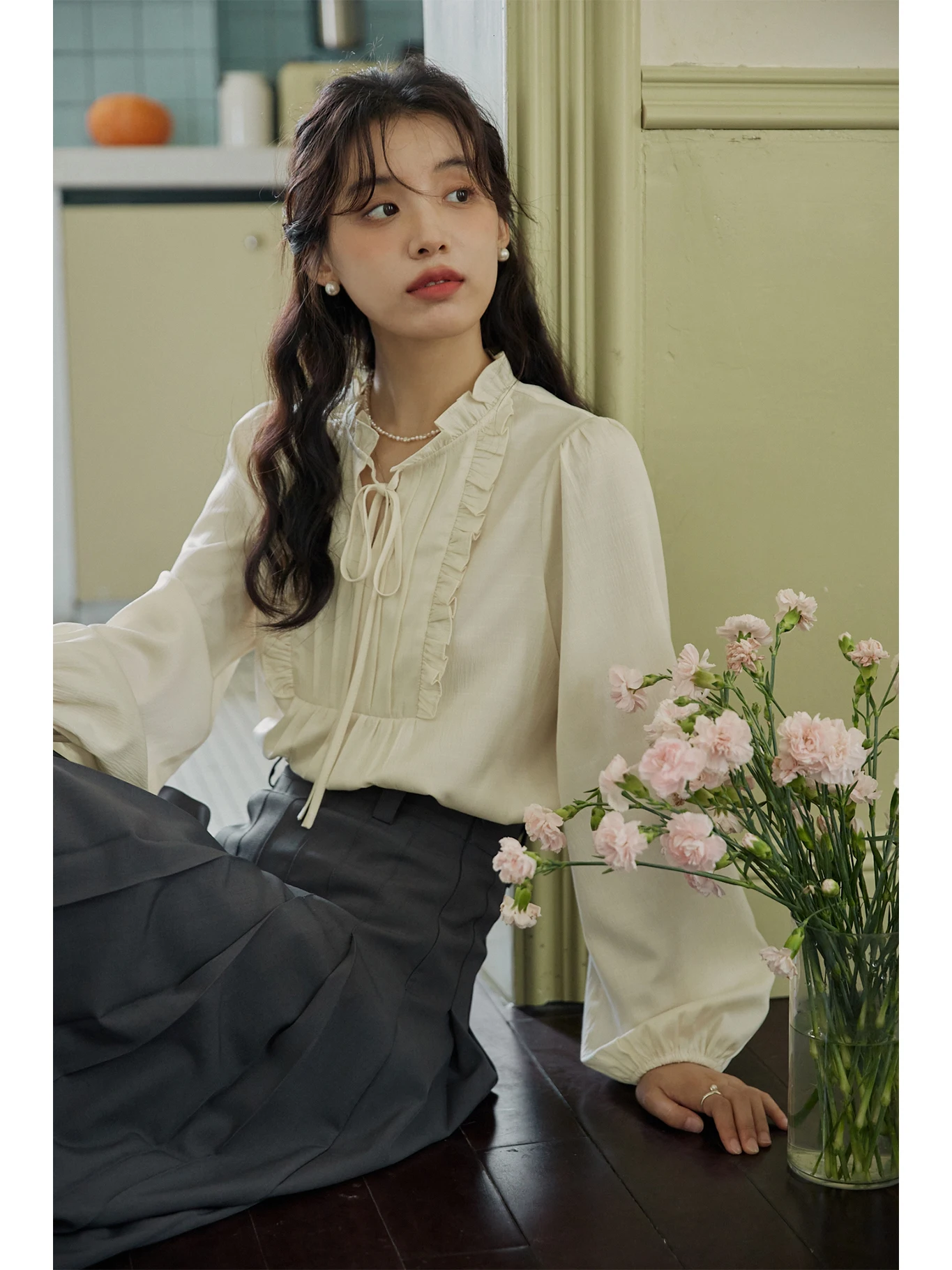 

MIXABO Женский топ irt Autumn Sle Design Lantern Sve с воротником-стойкой, длинный топ све, модная смесь полиэстера в горошек