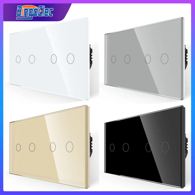 

BINGOELEC Double Light Switches Touch Sensor Wall Switch Glass 4Gang 1Way Switches Dark Blacklight White Black Golden 300W/Gang