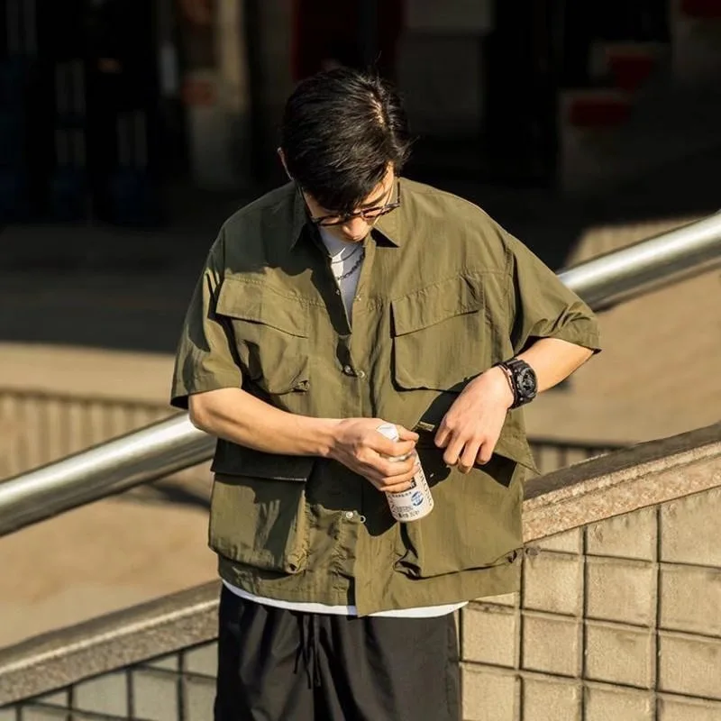 Japanese Work Suit Short-sleeved Shirt Men's Summer Trendy Large Size Loose Black Large Pocket Casual Jacket
