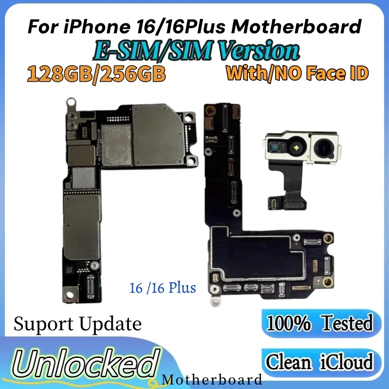Versión E-SIM/SIM desbloqueada para iPhone 16 Plus, placa base iCloud limpia con/sin identificación facial, placa lógica de actualización ios