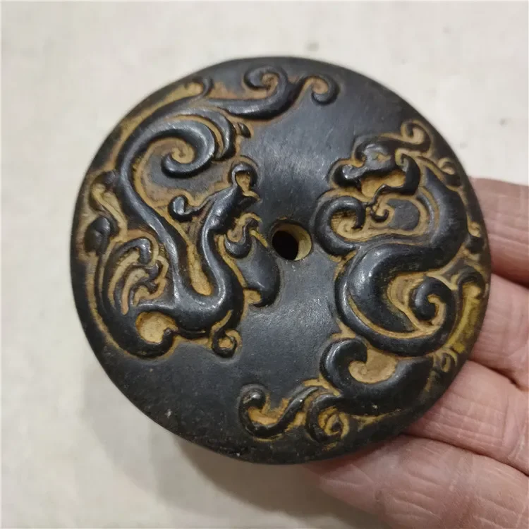 Hongshan Culture Archaize Black Iron Meteorite Dragon Phoenix Peace Buckle Statue