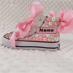 Kids Shoes Name Photo Custom Design For Girl Birthday Party Canvas Dollbling Handmade Bling Rainbow Pearls Sneakers