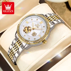 OLEVS 6706, reloj mecánico completamente automático para mujer, reloj de lujo con huecos de diamantes, resistente al agua, reloj de luz nocturna, reloj elegante para mujer