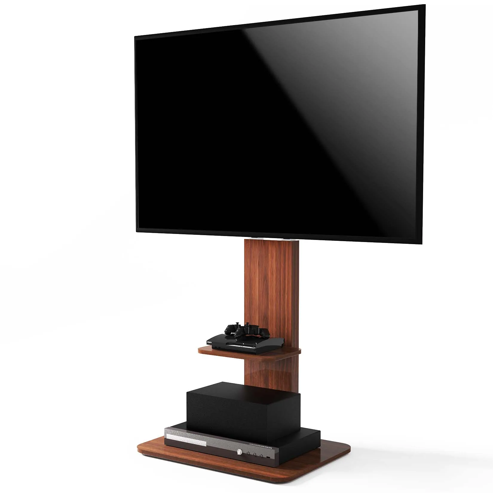 Height Adjustable Wooden Floor TV Stand with Shelf for 32-65 Inches
