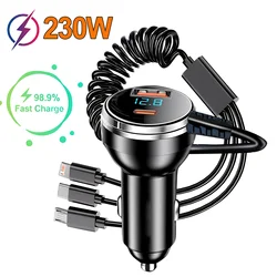 5 in 1 fast charging car charger with real-time voltage digital display retractable charging cable for iPhone Samsung