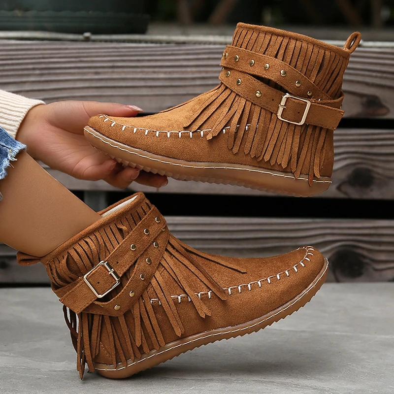 Bohemian Style Tassels Ankle Boots Women Retro Faux Suede Buckle Strap Short Boots Woman Plus Size 43 Flat Heels Western Botas