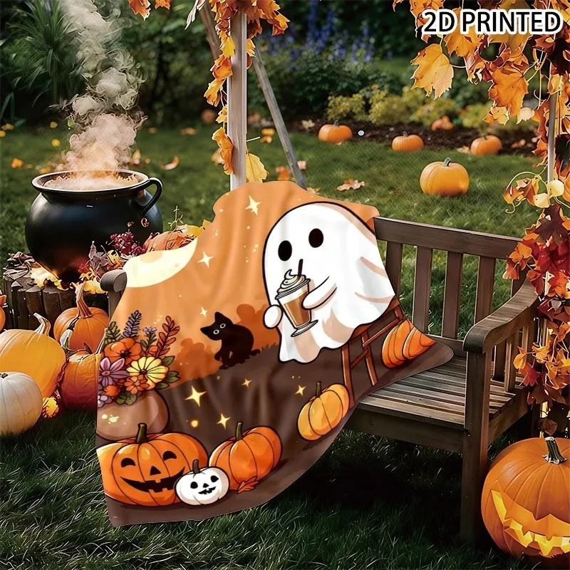 Whimsical Halloween Fall Themed Throw Blanket with Friendly, Pumpkins & Black Cat Print, Multiple Specifications Available, Cozy