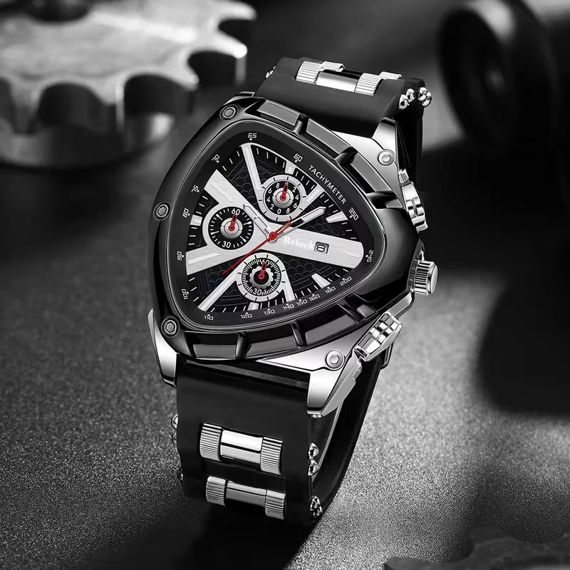 KAIRIS Men's Quartz Chronograph Watch Triangle Dial Blue Silicone Strap Rose Gold Black Sport Wristwatch
