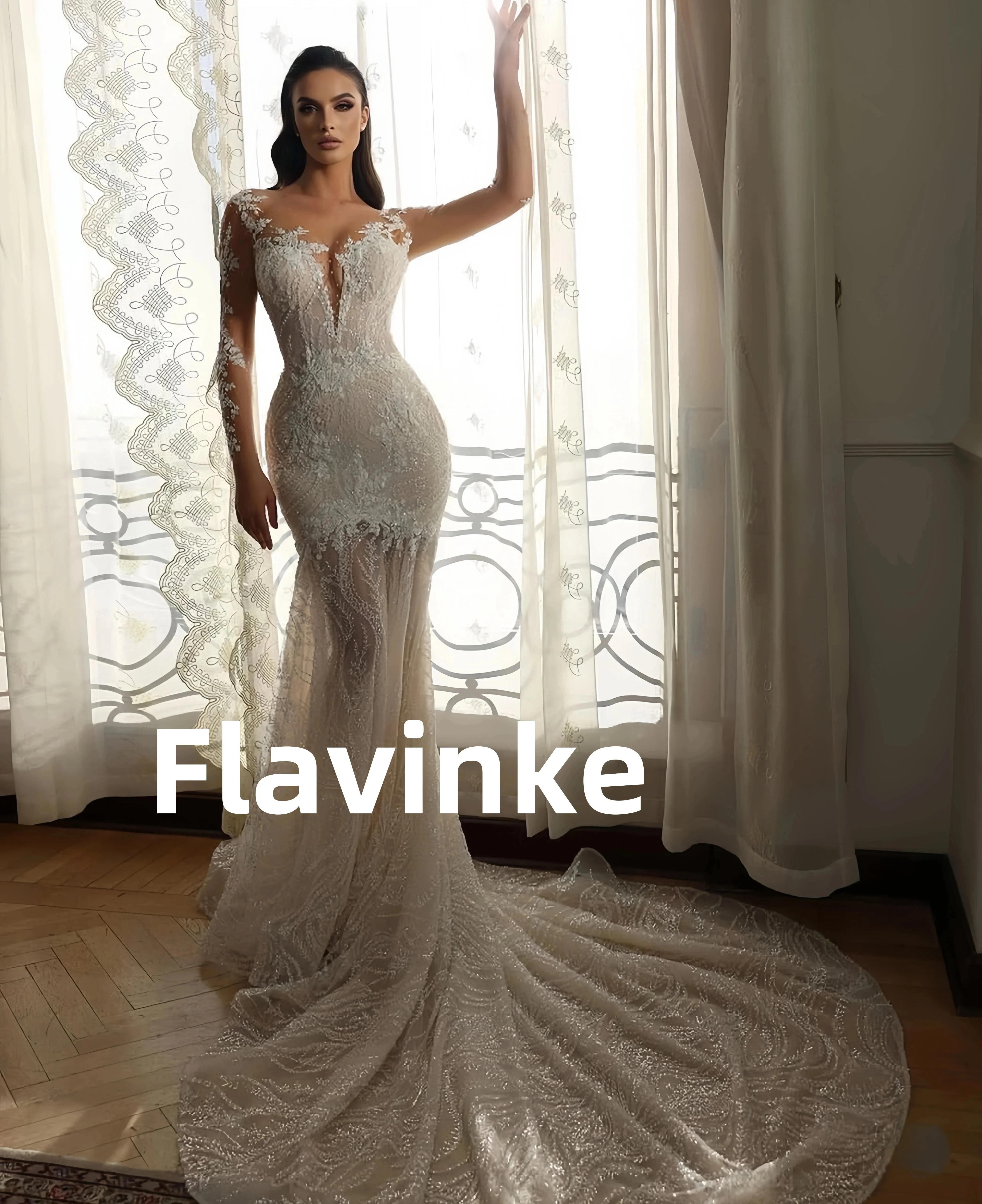 Flavinke Disesuaikan Bersinar Cerah Seksi V-Leher Renda Bordiran Lengan Panjang Putri Duyung Semi Transparan Pernikahan Gaun Vestidos