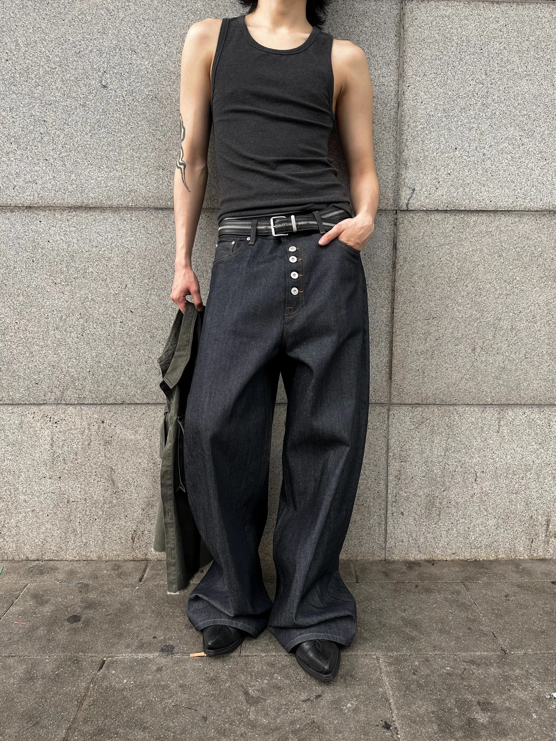 American High Street Retro Red Edged Denim Loose Straight Leg A-Line Jeans Teenage Boy's Vintage Style Mid-High Waist Jeans