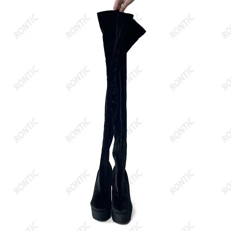 Rontic Handmade Women Winter Slim Thigh Boots Side Zipper Wedges Heels Round Toe Fabulous Black Night Club Shoes US Size 5-20