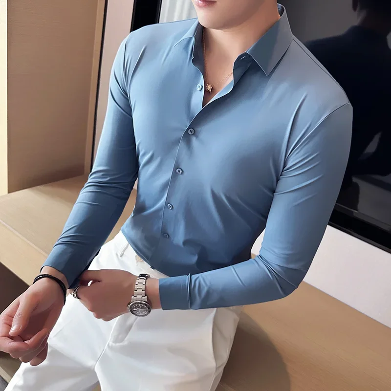 High elasticity Men Long sleeved Shirt 2024 Summer Anti-wrinkle Soft Thin Solid Casual Slim Fit Formal Dress Shirt Men Clothing