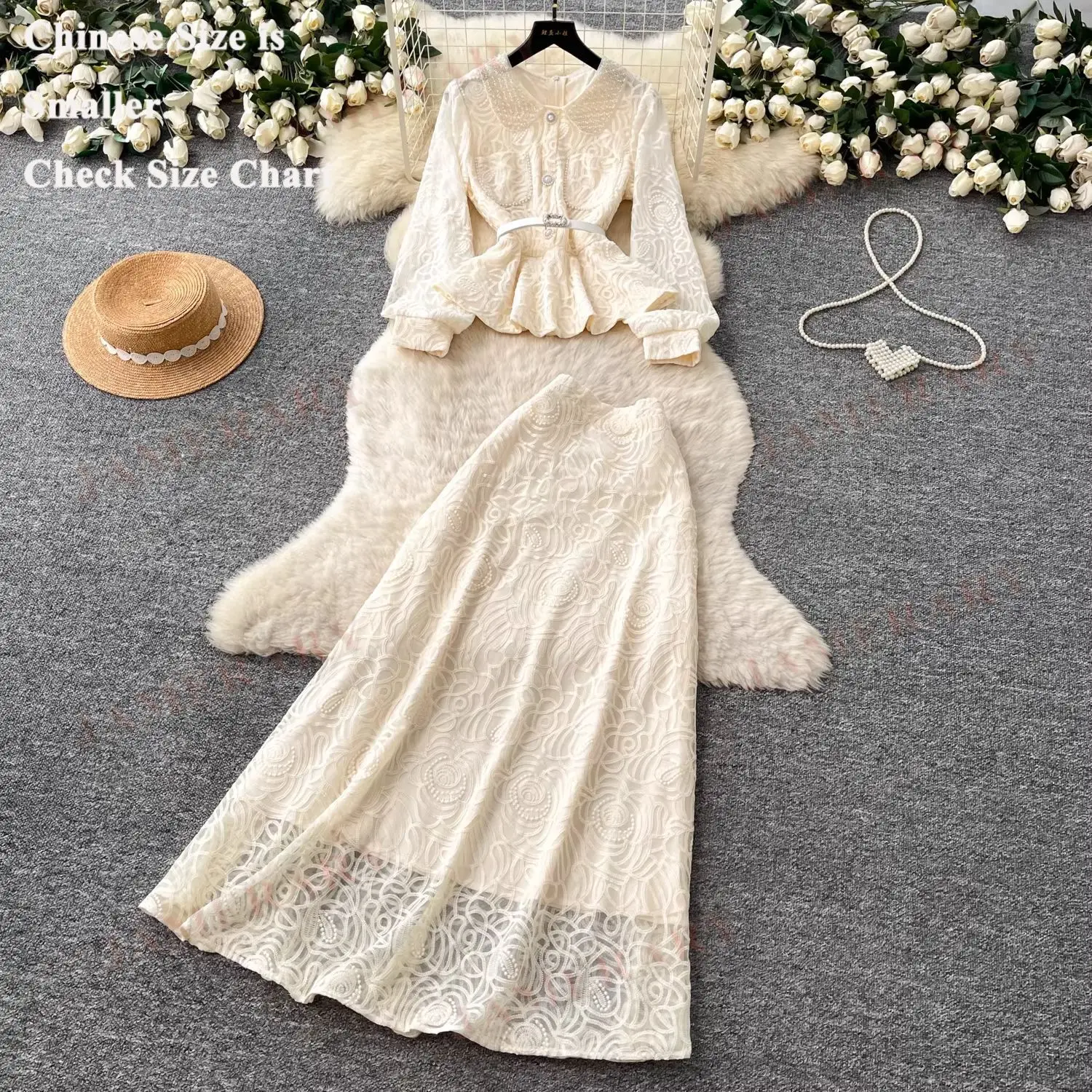 

Light Luxury Formal Evening Lace Dresses Women Pearl Long Sleeve Embroidery Blouse + Midi Skirts Suit 2pcs Outfits Party Vestido