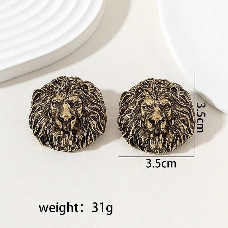 Vintage Exaggerated Lion Head Metal Ear Studs Earrings for Women Holiday Party OL Gift Fashion Jewelry Ear Accessories