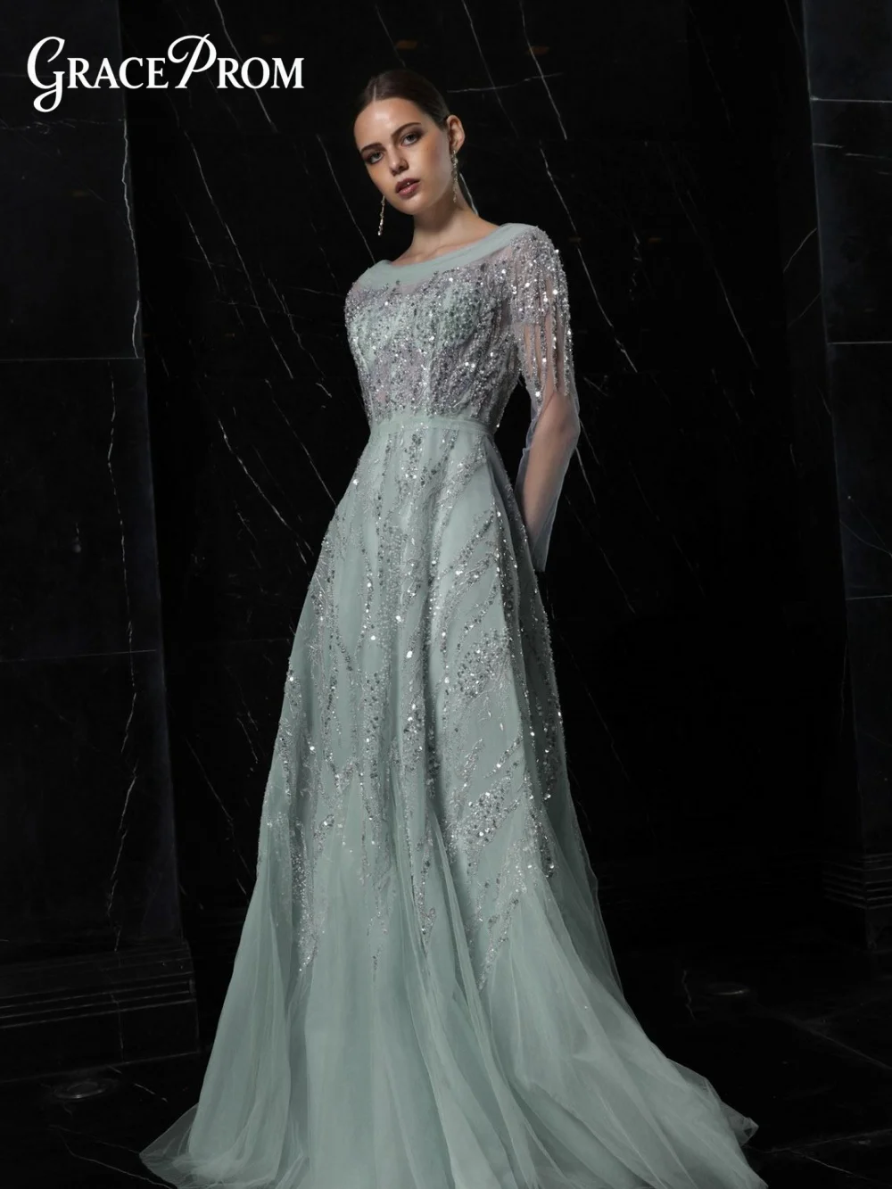 

Elegant Lavender Square Neck Evening Gown Puff Sleeve Beaded Sequin Mermaid Formal Dress With Cape Split For Mother Of The Bride