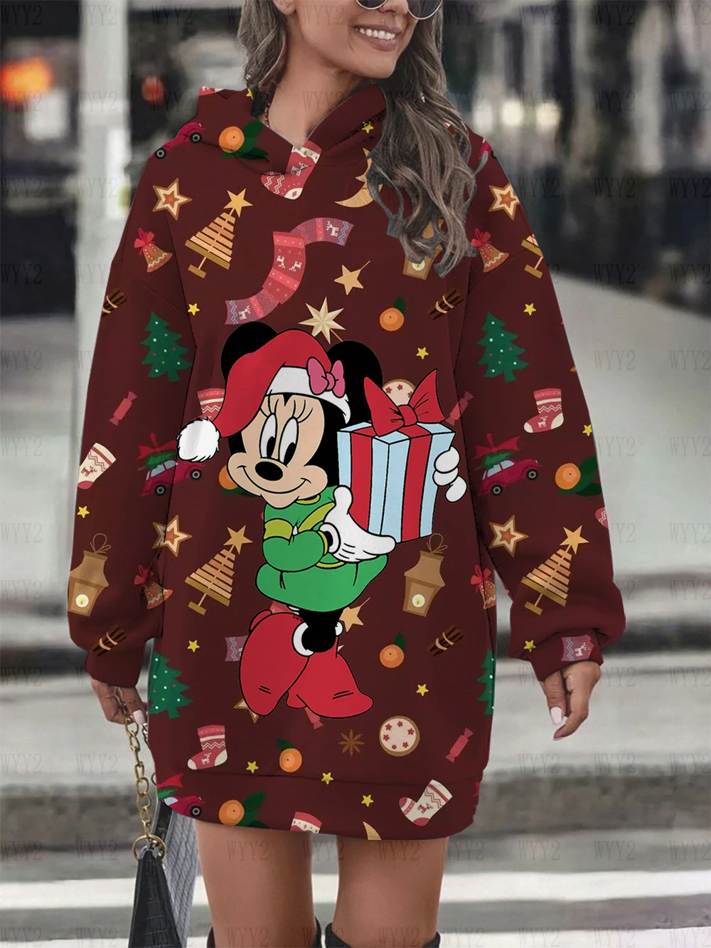 Disney Christmas Snowflake Mickey Mouse Versatile Printed Top Pullover Hooded Women\'s Sweatshirt Printed Casual Street Loose