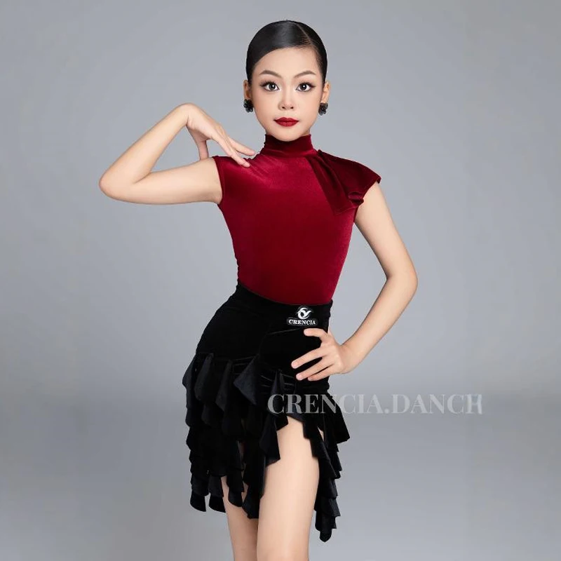 

Kids Latin Dance Performance Costume Girls Wine Red Tops Black Fringe Skirt Practice Dance Wear Competition Dress Set DNV22956