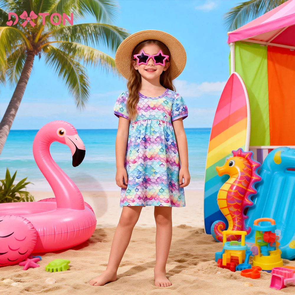 

DXTON Short Sleeve Kids Girls Dresses Summer Children Holiday Dress Full Printed Toddler Daily Clothing Mermaid Casual Costumes