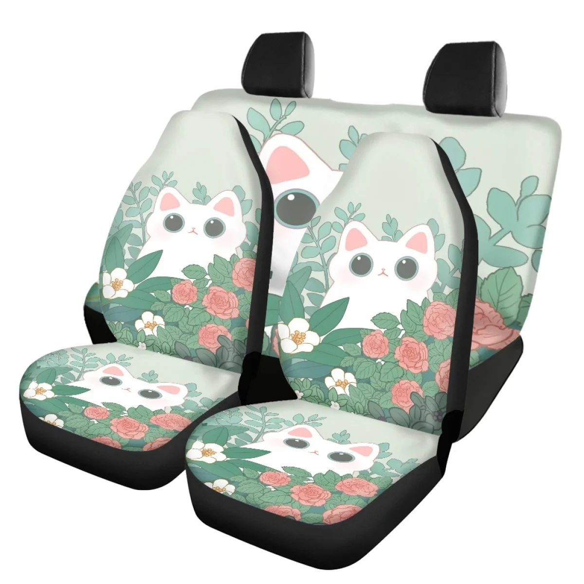 Auto Front Back Seat Cover Set Kawaii Leaf Rose Cat Pattern Car Accessories Washable Non-slip Easy to Clean Install Ornaments