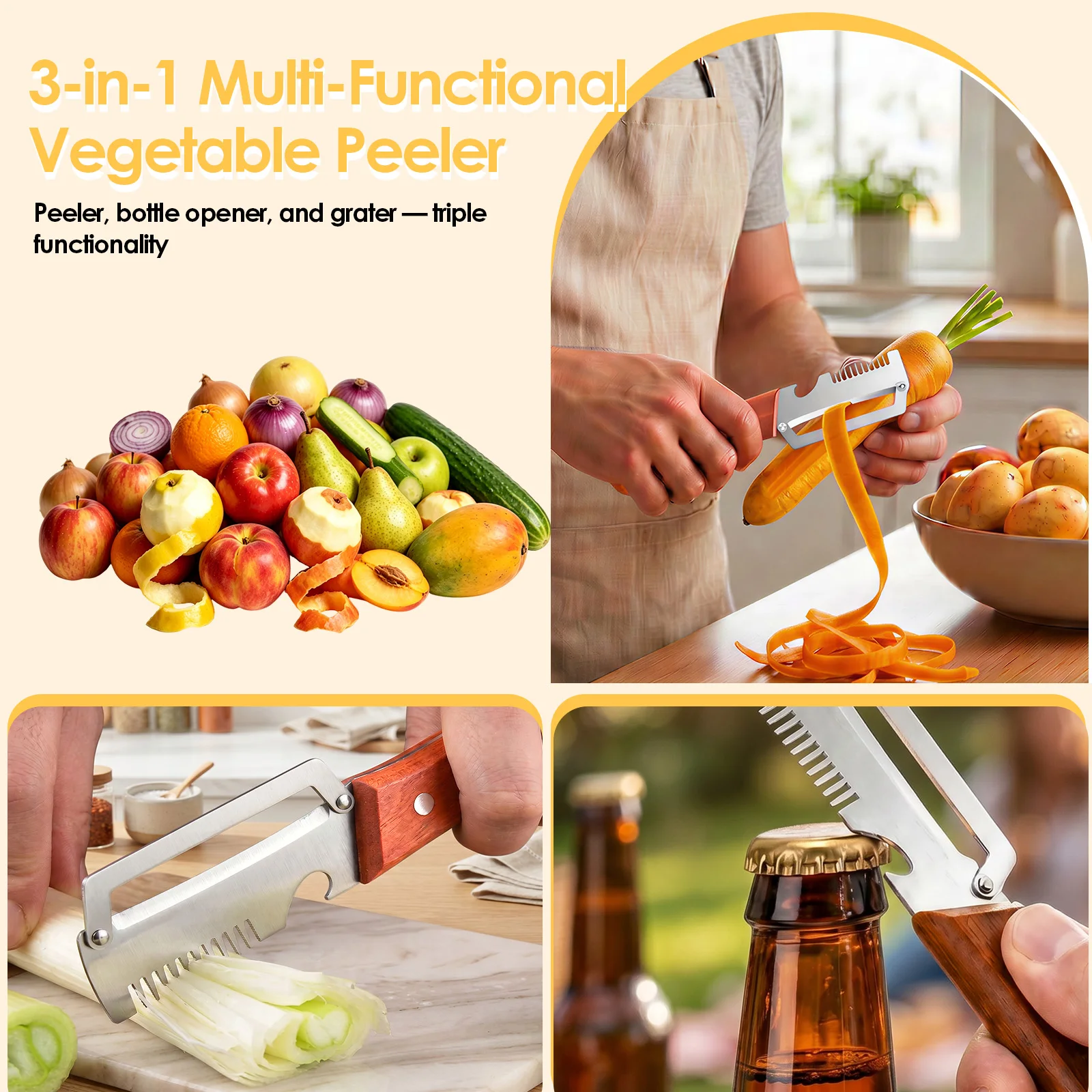 3 In 1 Multi-functional Fruit Vegetable Peeler Stainless Steel Vegetable Shredder Peeler & Bottle Opener Tool with Wood Handle