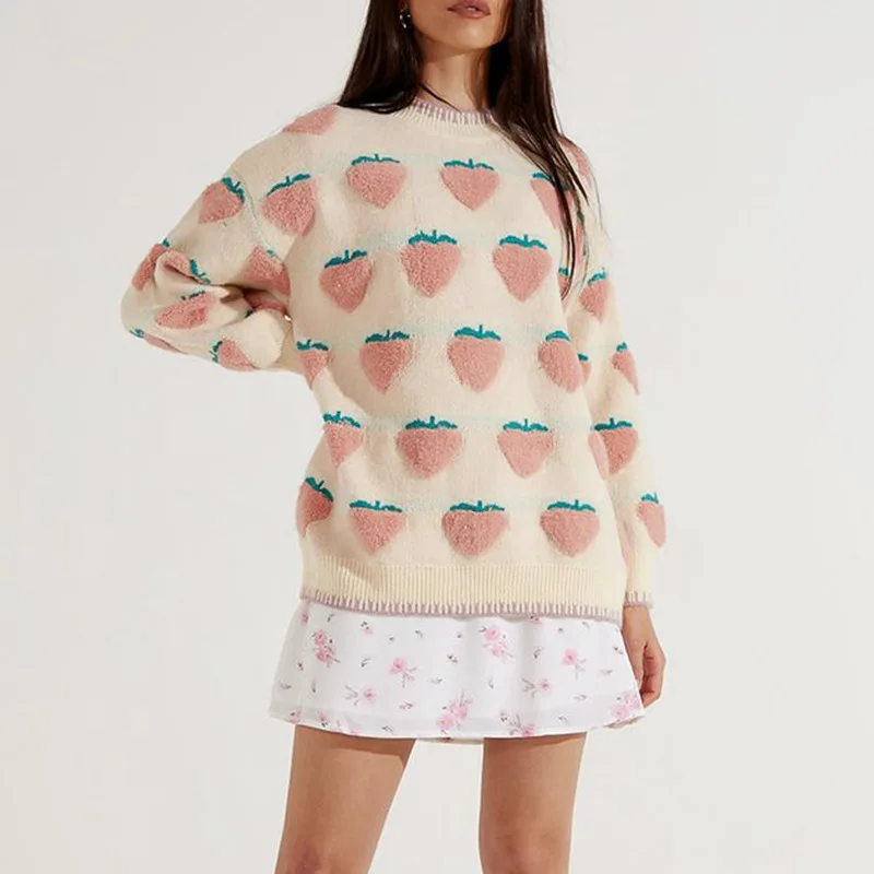 

2024 Autumn/Winter New Casual Strawberry Embroidery Round Neck Long Sleeve Knitted Pullover Sweater Top For Women