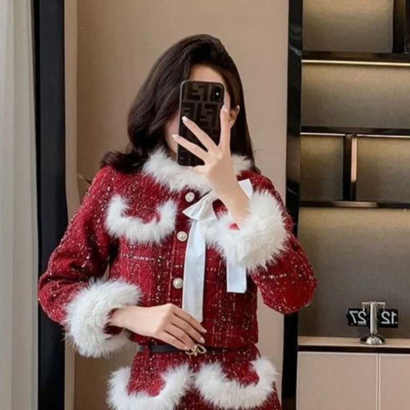 Set di due pezzi da donna di moda coreana rossa invernale Set giacca e gonna Set di abiti di tweed Set di abiti dimagranti femminili Eventi formali casual