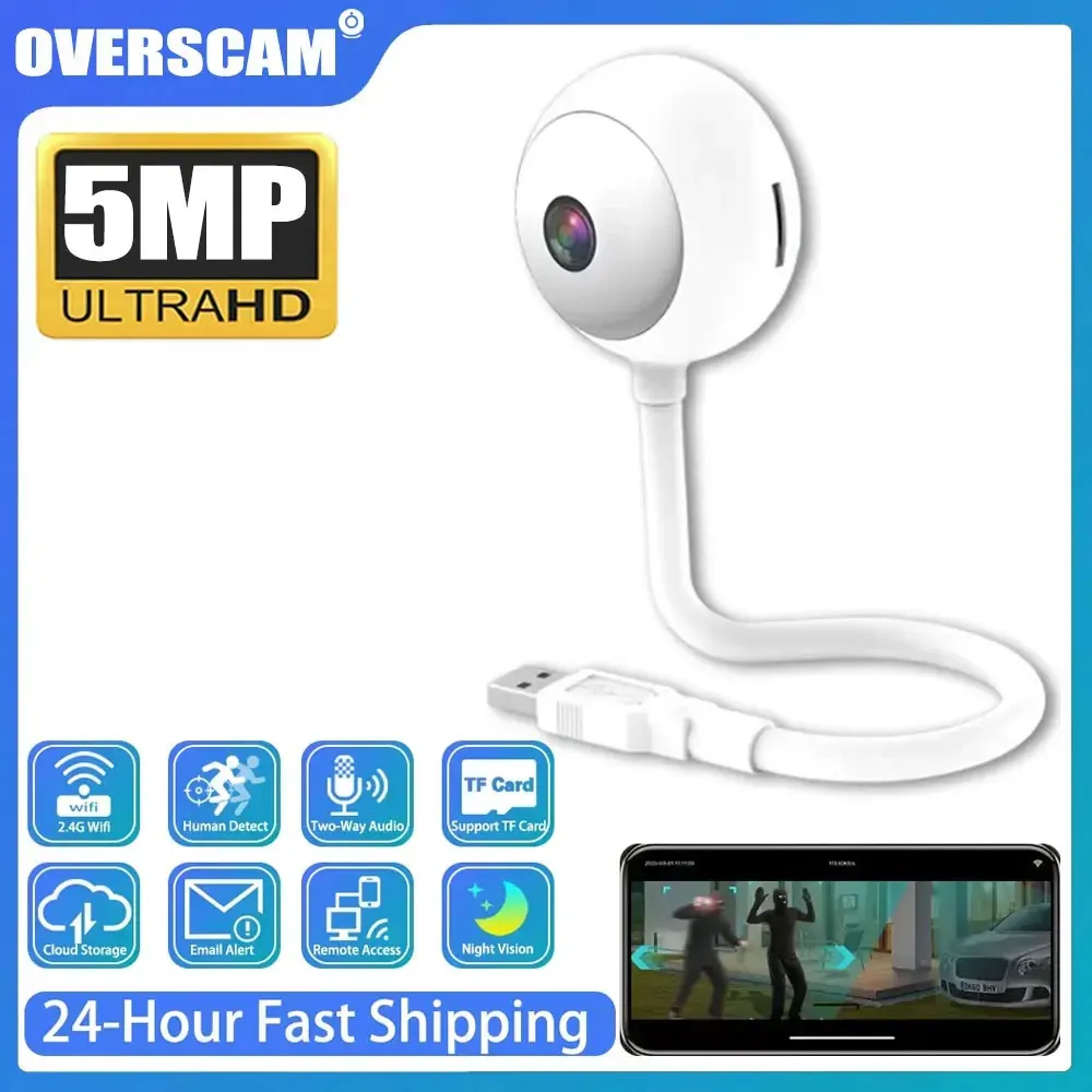 Mini Cámara WiFi de 5MP, Cámara de Seguridad Interior 2K para Monitoreo de Bebés, Conexión USB Inalámbrica, Vigilancia IP, Seguimiento Automático por IA, Cámara para Bebés
