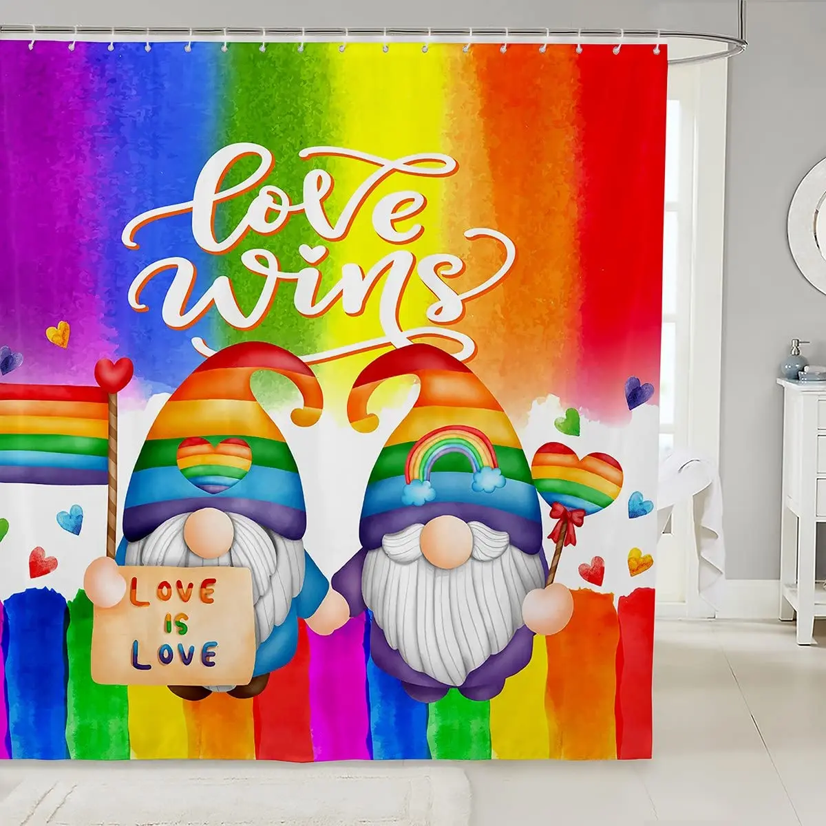 Rainbow Stripes Shower Curtains,Cute Gnomes Love Heart Romantic Bathroom Curtains Pride for Love Bath Curtain for Girl Boy Adult