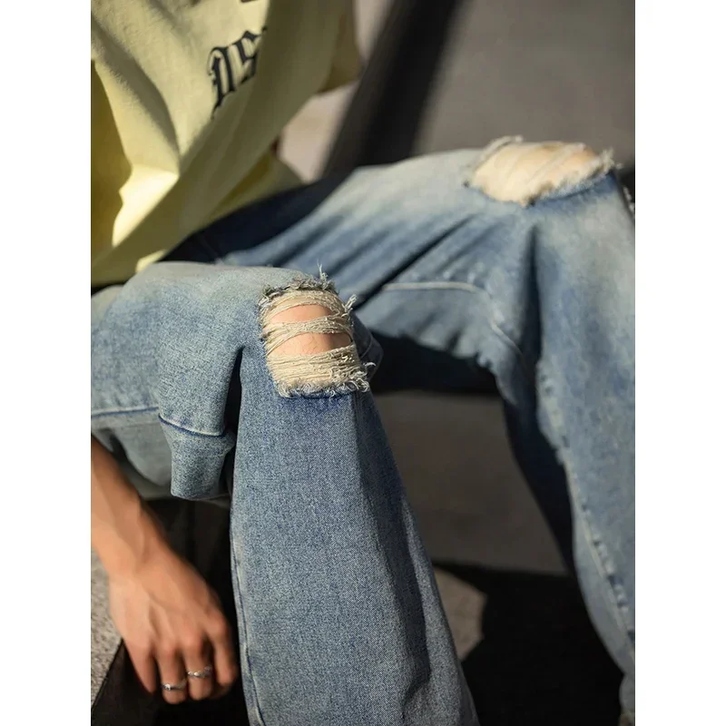 

Brand American Vintage Ripped Jeans Mens 2024 Spring Summer New Baggy Mid Rise Washed Jeans for Man Fashion Streetwear