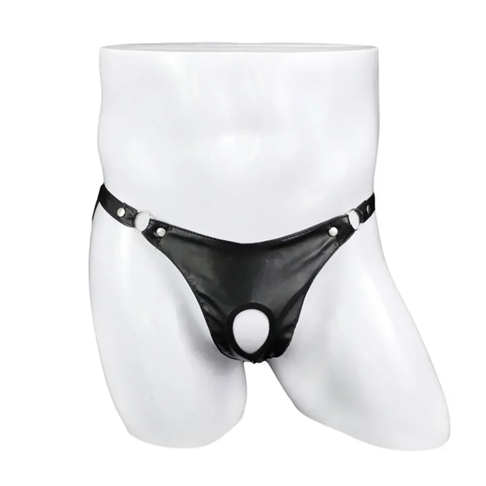 Pantaloncini e mutande da uomo sexy in pelle artificiale nera esotica con anello in metallo perizoma Jock Strap intimo da uomo