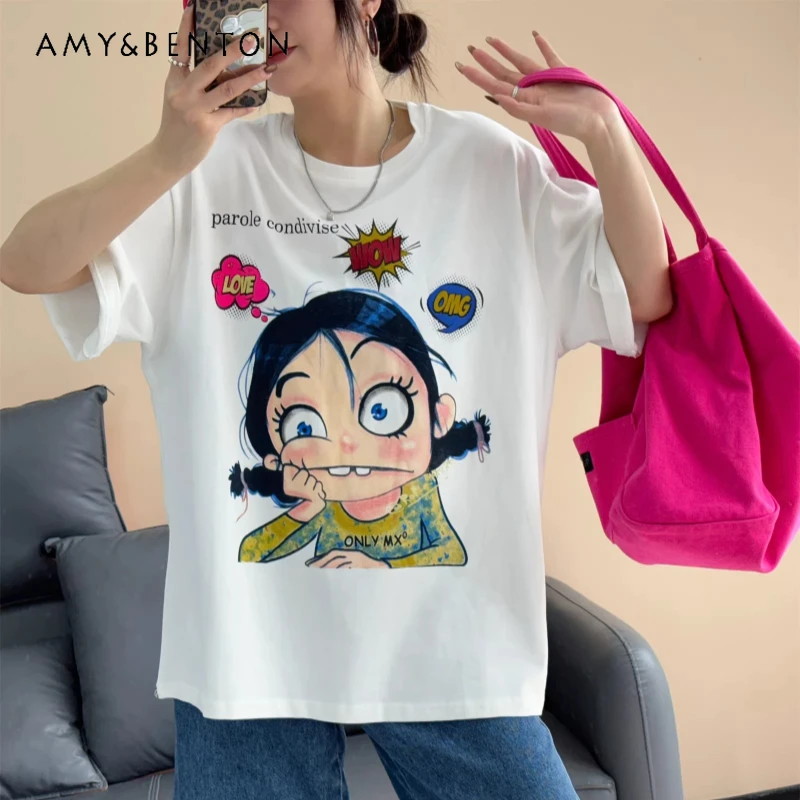 

Sweet Brushed Girl's T-shirt 2026 Spring Mid-length Slimming Short-sleeves Tees Crew Neck Pure Cotton Pullover Top Y2k Clothes