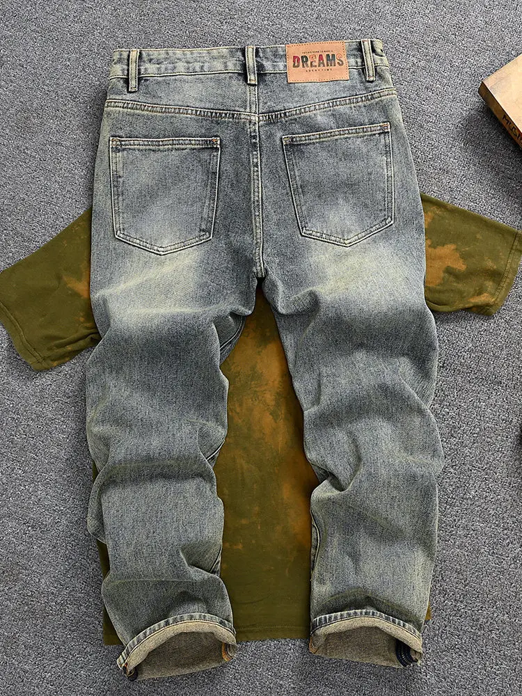 Di Sai QuadraticAmerican Style Youth Fashion Jeans Men Washed Distressed Loose Straight Casual All-match Denim Trousers