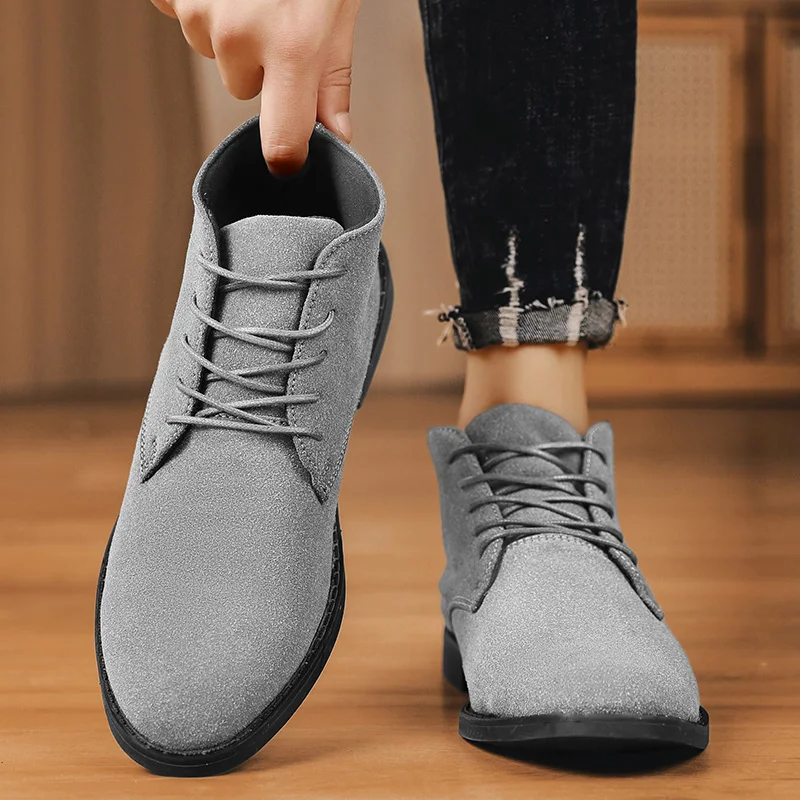 Casual shoes man Fashion Men Ankle Chelsea Boots lace up Male Shoes mid top Suede Leather Slip On Motorcycle Man Boots