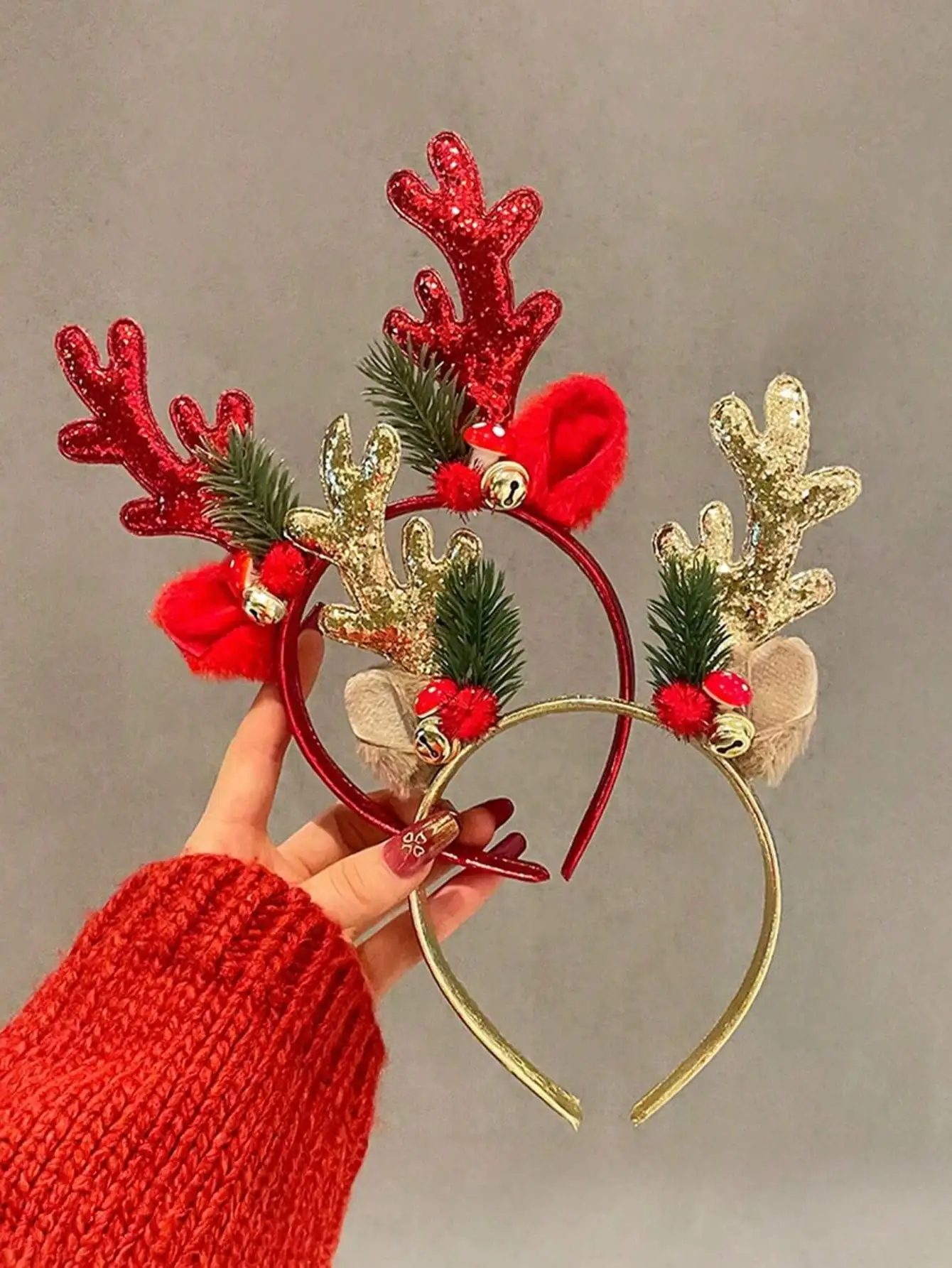 Glitter Red Gold Reindeer Antlers Headband with Bells Pine Needles Pom Poms Mushroom Decor Christmas Party Cosplay Hair Hoop Holiday Hair Accessories for Women Kids